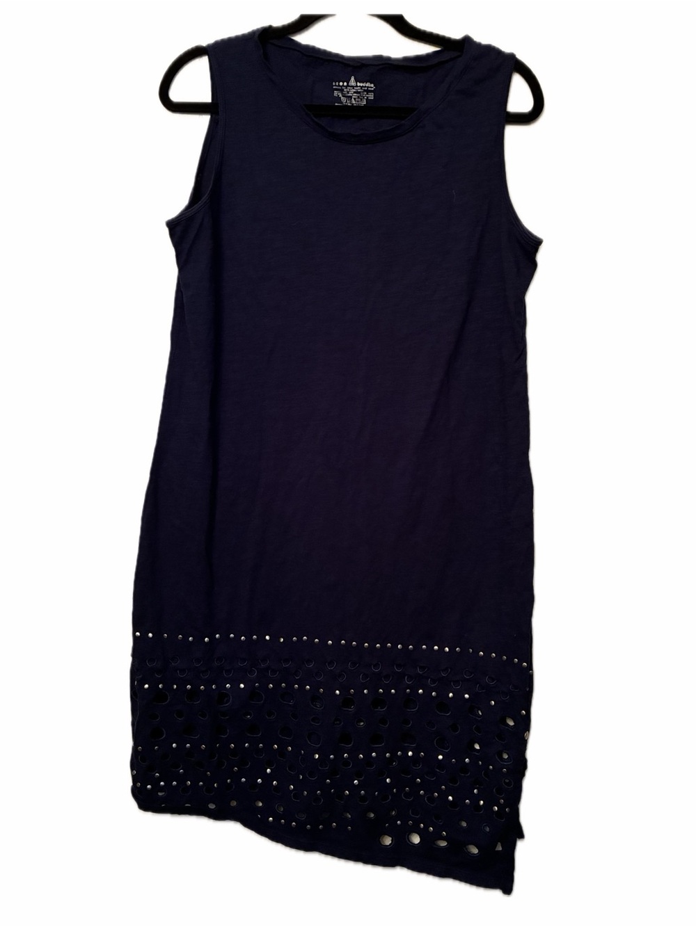 NEON BUDDHA Heartbeat Navy Studded Eyelet Asymmetrical Shift Dress L Lagenlook - Picture 11 of 16